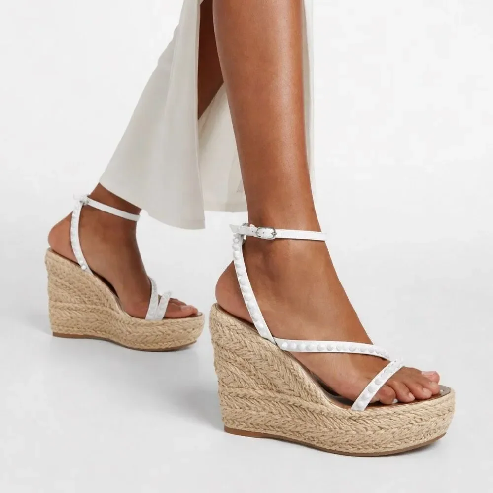 CHRISTIAN LOUBOUTIN Mafaldina Wedge Heels 39 US 8.5 Spiked Sandals White Leather